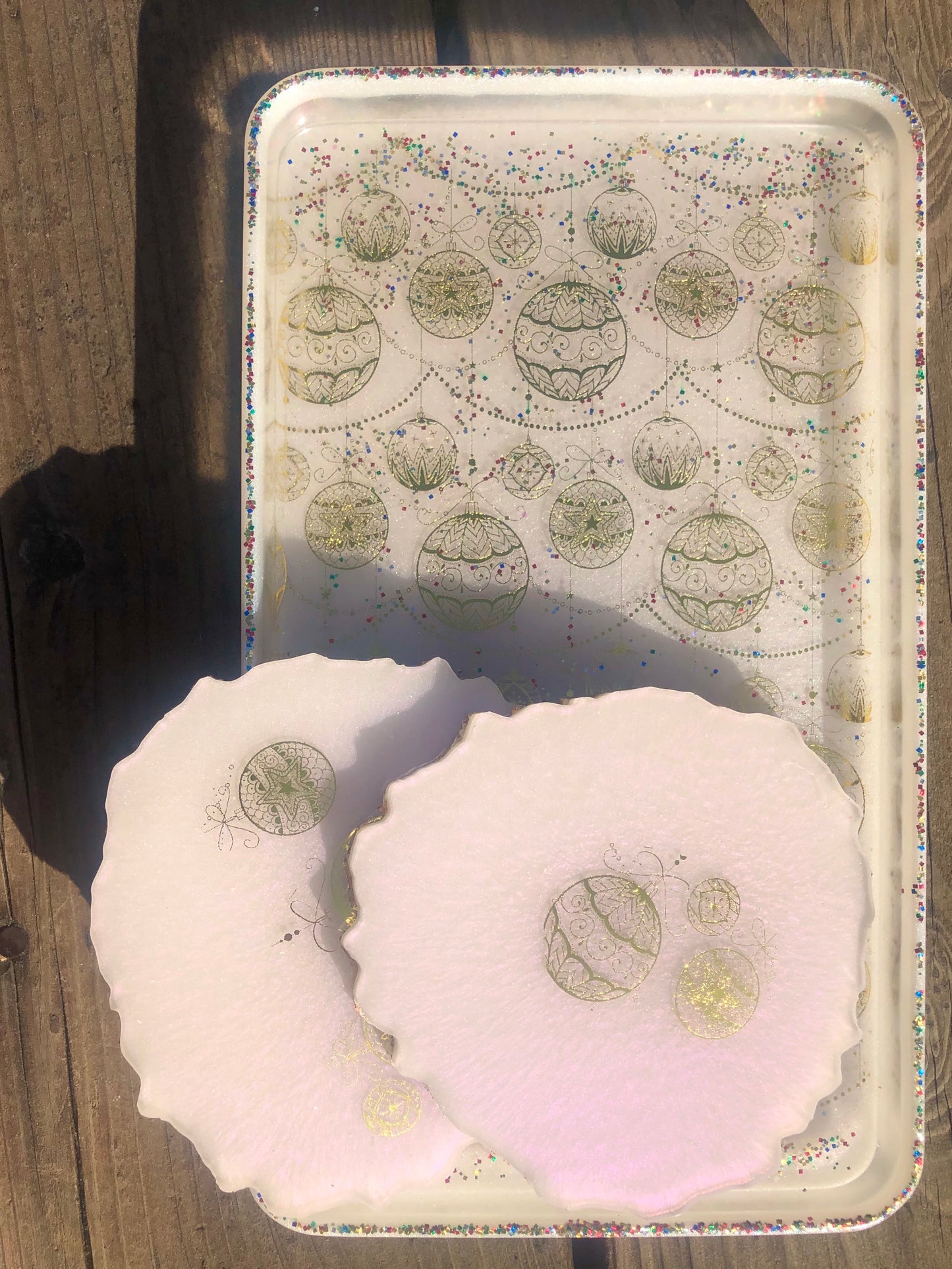 Pearlescent White/ Gold/Glitter Foil Coaster/Tray Set