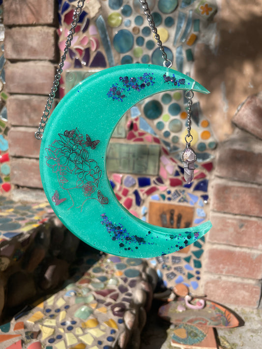 Aqua Butterfly Womxn Hanging Moon with Amethyst