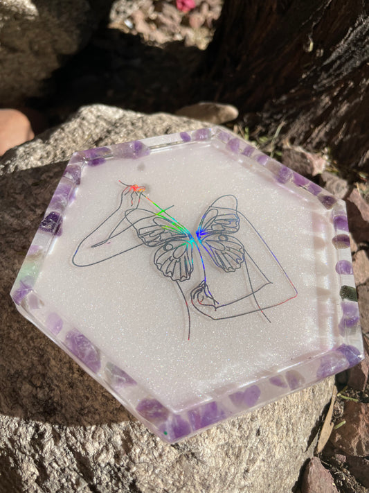 Butterfly Womxn with Amethyst Coaster/ Trinket Tray
