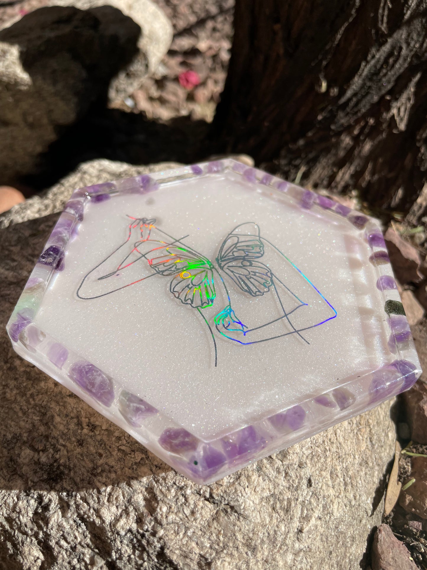 Butterfly Womxn with Amethyst Coaster/ Trinket Tray