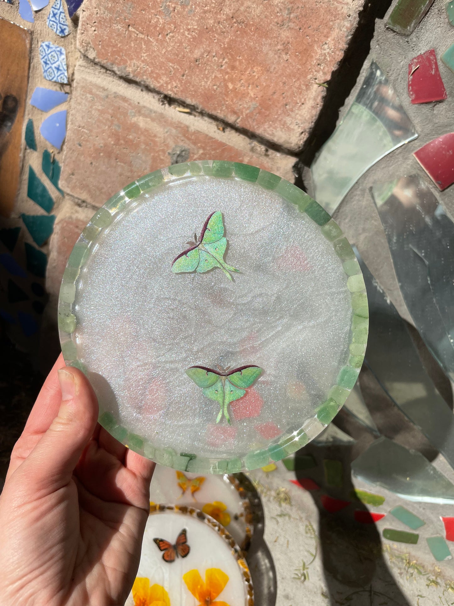 Luna Moth Circle Tray with Gemstones