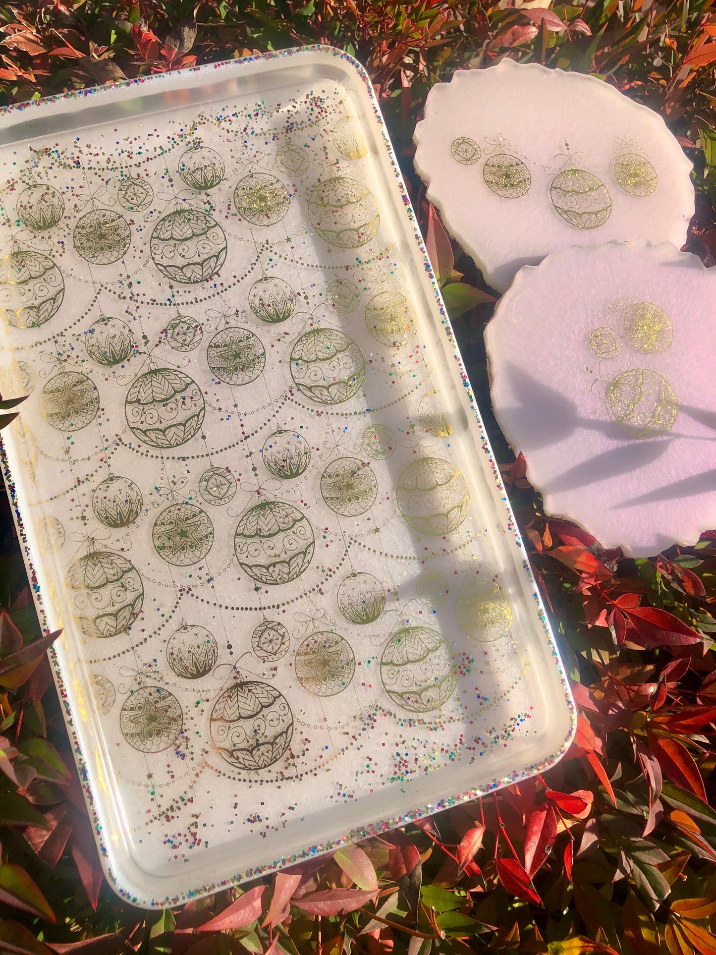 Pearlescent White/ Gold/Glitter Foil Coaster/Tray Set