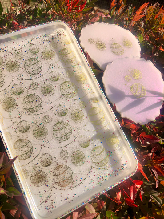 Pearlescent White/ Gold/Glitter Foil Coaster/Tray Set